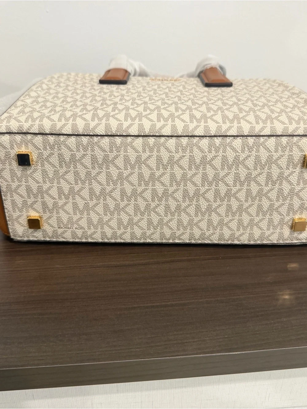 Michael Kors Cream MK Logo Satchel with Brown Trim
